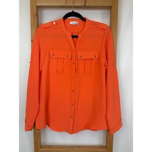 Calvin Klein Vibrant Orange Long Roll-Tab Sleeve Button-Up Utility Top Size XS